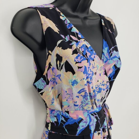 Yumi Kim Floral Print Faux Wrap Mini Dress S Sleeveless Side Tie Black Blue - Picture 7 of 11